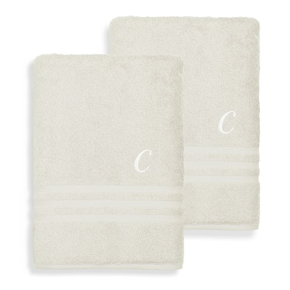 Authentic Hotel and Spa Omni Turkish Cotton Terry Set of 2 Cream Bath Towels with White Script Monogrammed Initial C