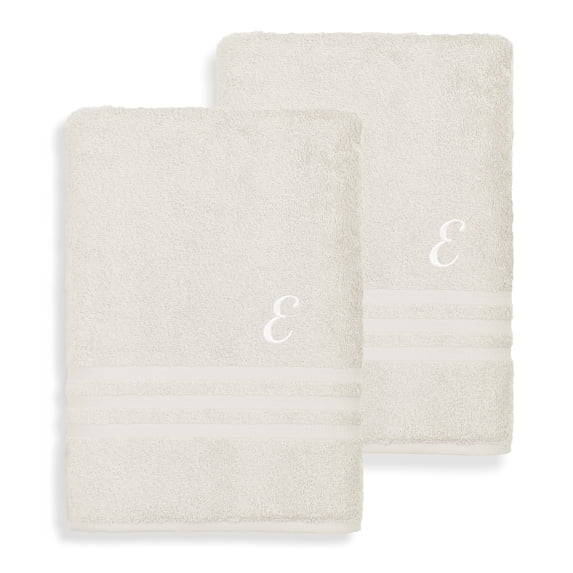 Authentic Hotel and Spa Omni Turkish Cotton Terry Set of 2 Cream Bath Towels with White Script Monogrammed Initial E
