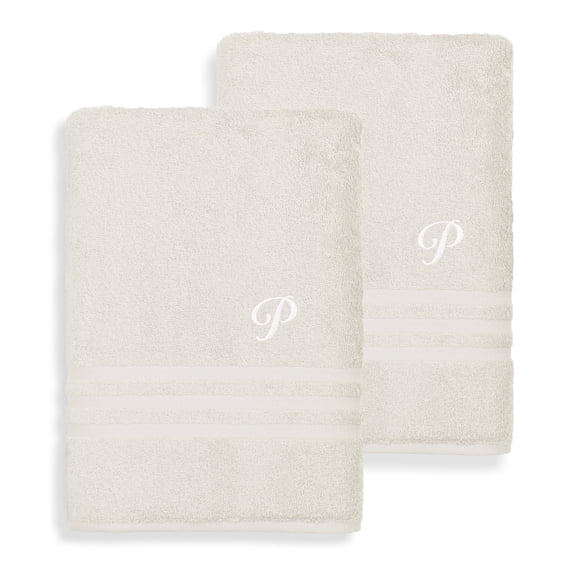 Authentic Hotel and Spa Omni Turkish Cotton Terry Set of 2 Cream Bath Towels with White Script Monogrammed Initial P
