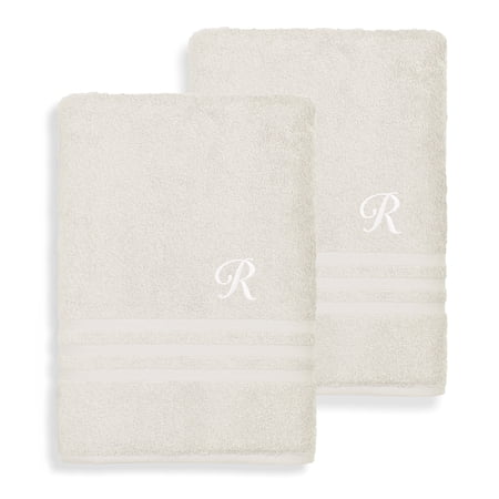 Authentic Hotel and Spa Omni Turkish Cotton Terry Set of 2 Cream Bath Towels with White Script Monogrammed Initial R
