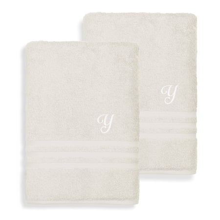 Authentic Hotel and Spa Omni Turkish Cotton Terry Set of 2 Cream Bath Towels with White Script Monogrammed Initial Y