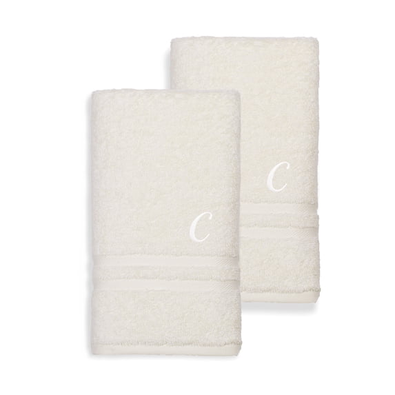 Authentic Hotel and Spa Omni Turkish Cotton Terry Set of 2 Cream Hand Towels with White Script Monogrammed Initial C