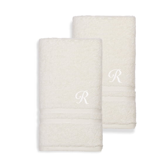 Authentic Hotel and Spa Omni Turkish Cotton Terry Set of 2 Cream Hand Towels with White Script Monogrammed Initial R
