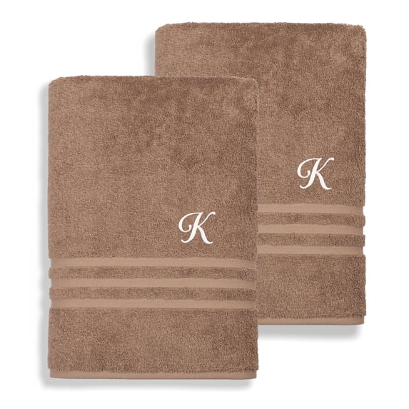 Authentic Hotel and Spa Omni Turkish Cotton Terry Set of 2 Latte Brown Bath Towels with White Script Monogrammed Initial K