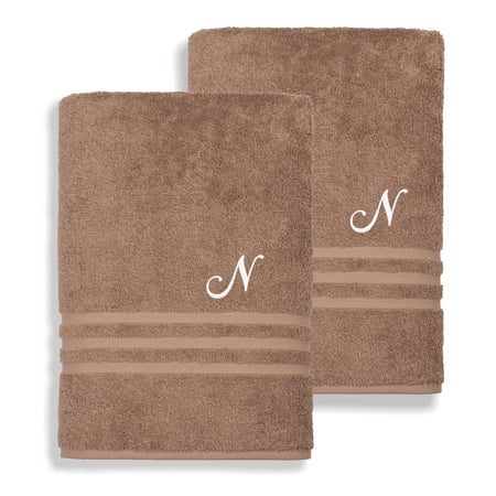 Authentic Hotel and Spa Omni Turkish Cotton Terry Set of 2 Latte Brown Bath Towels with White Script Monogrammed Initial N