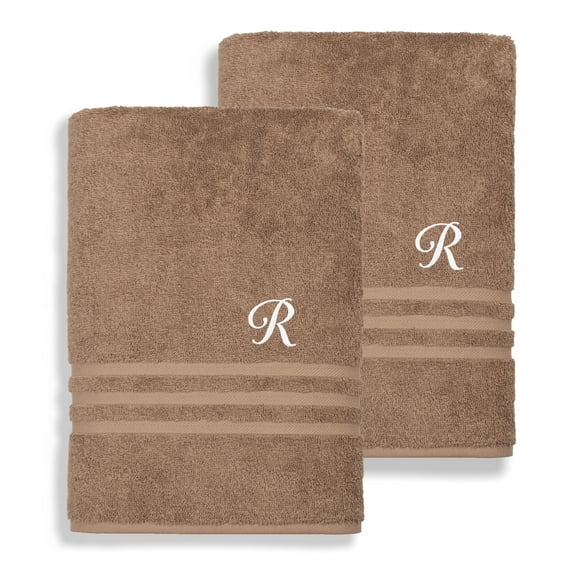 Authentic Hotel and Spa Omni Turkish Cotton Terry Set of 2 Latte Brown Bath Towels with White Script Monogrammed Initial R