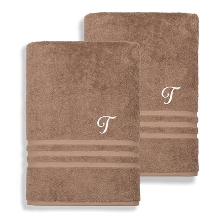 Authentic Hotel and Spa Omni Turkish Cotton Terry Set of 2 Latte Brown Bath Towels with White Script Monogrammed Initial T