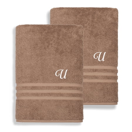 Authentic Hotel and Spa Omni Turkish Cotton Terry Set of 2 Latte Brown Bath Towels with White Script Monogrammed Initial U