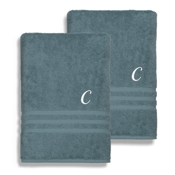 Authentic Hotel and Spa Omni Turkish Cotton Terry Set of 2 Medium Blue Bath Towels with White Script Monogrammed Initial C