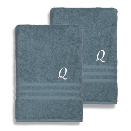Authentic Hotel and Spa Omni Turkish Cotton Terry Set of 2 Medium Blue Bath Towels with White Script Monogrammed Initial Q