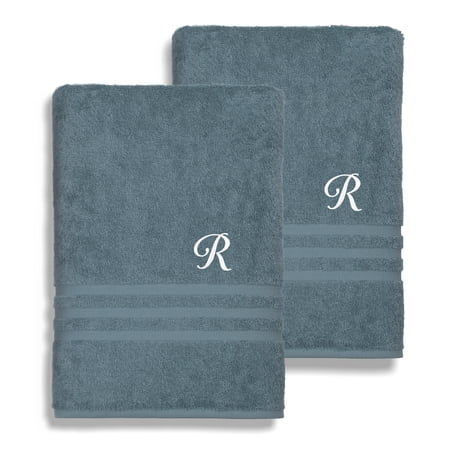 Authentic Hotel and Spa Omni Turkish Cotton Terry Set of 2 Medium Blue Bath Towels with White Script Monogrammed Initial R