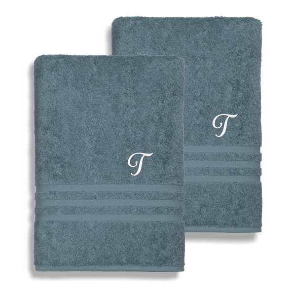 Authentic Hotel and Spa Omni Turkish Cotton Terry Set of 2 Medium Blue Bath Towels with White Script Monogrammed Initial T