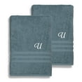 thumbnail image 1 of Authentic Hotel and Spa  Omni Turkish Cotton Terry Set of 2 Medium Blue Bath Towels with White Script Monogrammed Initial U, 1 of 5