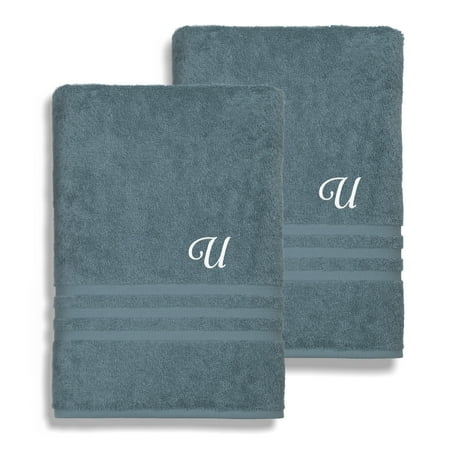 Authentic Hotel and Spa Omni Turkish Cotton Terry Set of 2 Medium Blue Bath Towels with White Script Monogrammed Initial U