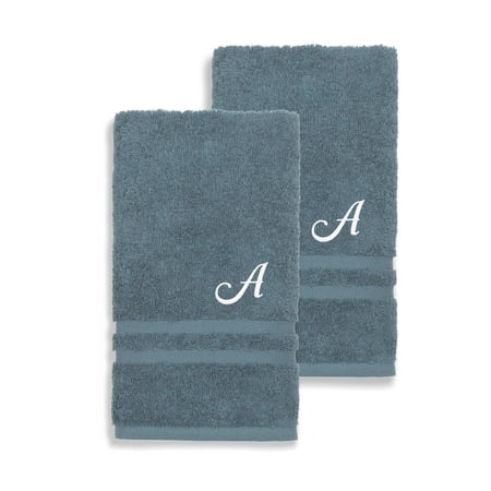 Authentic Hotel and Spa Omni Turkish Cotton Terry Set of 2 Medium Blue Hand Towels with White Script Monogrammed Initial A