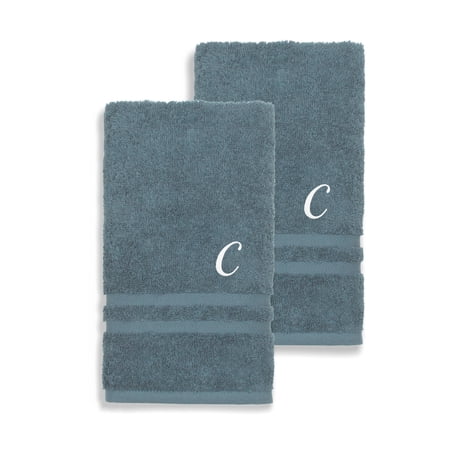 Authentic Hotel and Spa Omni Turkish Cotton Terry Set of 2 Medium Blue Hand Towels with White Script Monogrammed Initial C