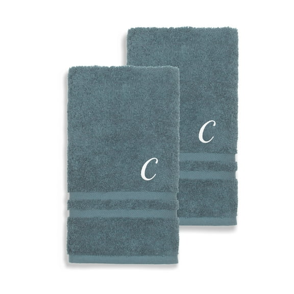 Authentic Hotel and Spa  Omni Turkish Cotton Terry Set of 2 Medium Blue Hand Towels with White Script Monogrammed Initial C
