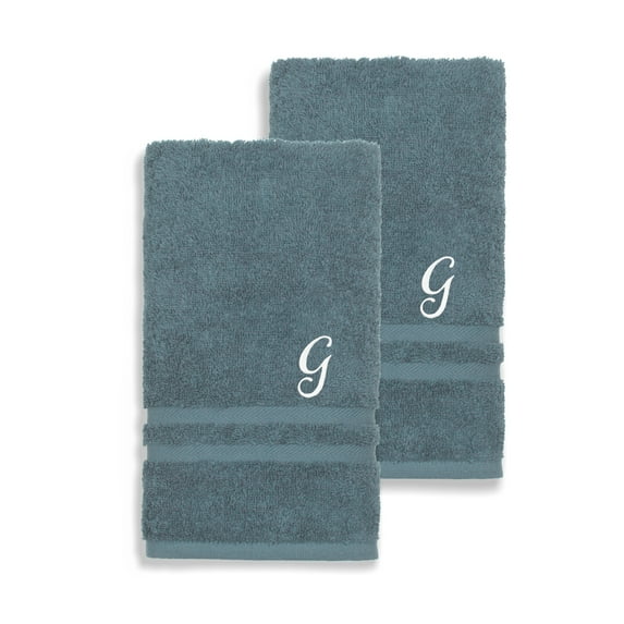 Authentic Hotel and Spa Omni Turkish Cotton Terry Set of 2 Medium Blue Hand Towels with White Script Monogrammed Initial G