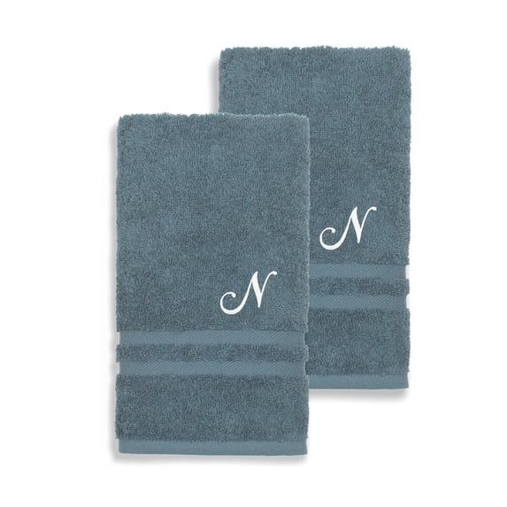 Authentic Hotel and Spa Omni Turkish Cotton Terry Set of 2 Medium Blue Hand Towels with White Script Monogrammed Initial N
