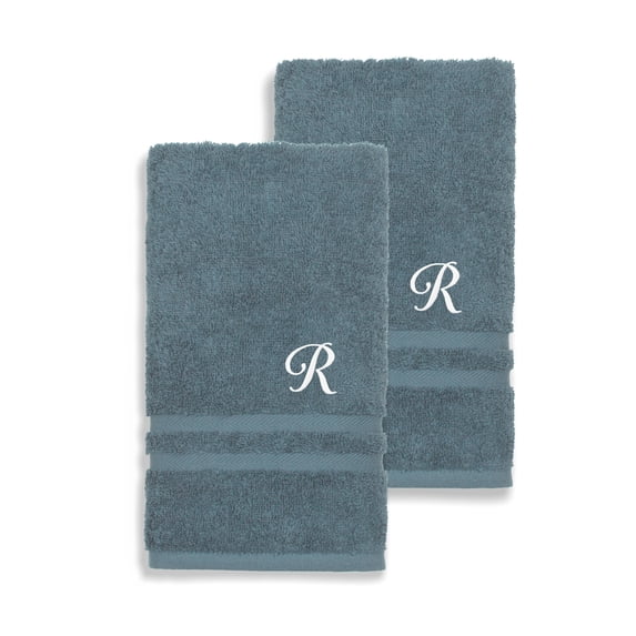 Authentic Hotel and Spa Omni Turkish Cotton Terry Set of 2 Medium Blue Hand Towels with White Script Monogrammed Initial R