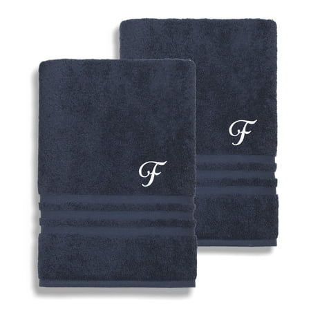 Authentic Hotel and Spa Omni Turkish Cotton Terry Set of 2 Navy Blue Bath Towels with White Script Monogrammed Initial F