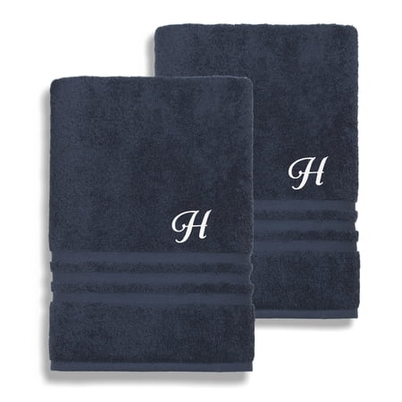 Authentic Hotel and Spa Omni Turkish Cotton Terry Set of 2 Navy Blue Bath Towels with White Script Monogrammed Initial H