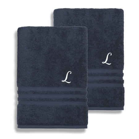 Authentic Hotel and Spa Omni Turkish Cotton Terry Set of 2 Navy Blue Bath Towels with White Script Monogrammed Initial L