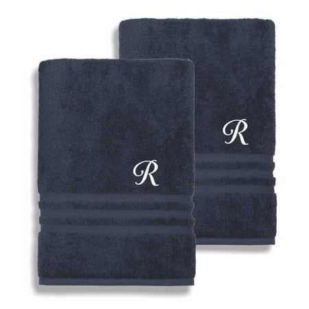 Authentic Hotel and Spa Omni Turkish Cotton Terry Set of 2 Navy Blue Bath Towels with White Script Monogrammed Initial R
