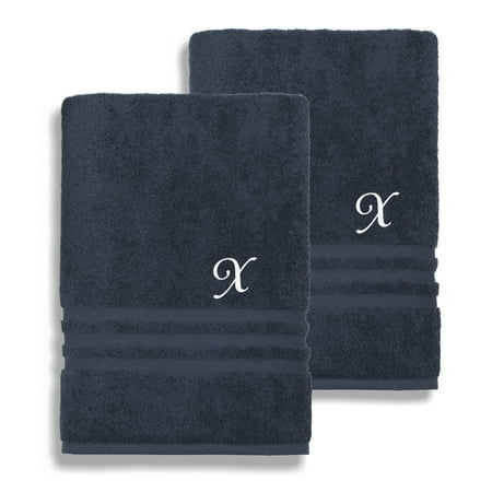 Authentic Hotel and Spa Omni Turkish Cotton Terry Set of 2 Navy Blue Bath Towels with White Script Monogrammed Initial X