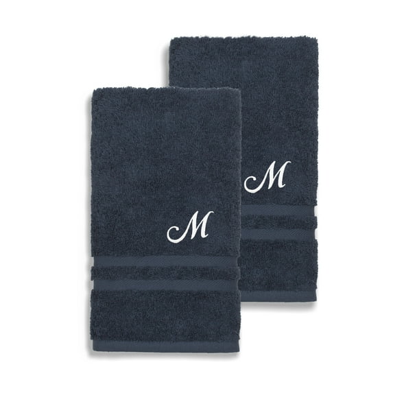 Authentic Hotel and Spa Omni Turkish Cotton Terry Set of 2 Navy Blue Hand Towels with White Script Monogrammed Initial Navy Blue/M