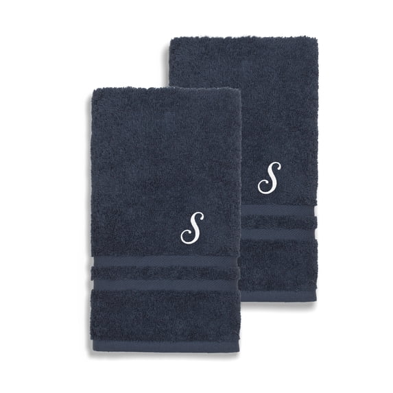 Authentic Hotel and Spa Omni Turkish Cotton Terry Set of 2 Navy Blue Hand Towels with White Script Monogrammed Initial Navy Blue/S