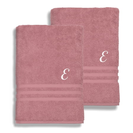 Authentic Hotel and Spa Omni Turkish Cotton Terry Set of 2 Tea Rose Bath Towels with White Script Monogrammed Initial E