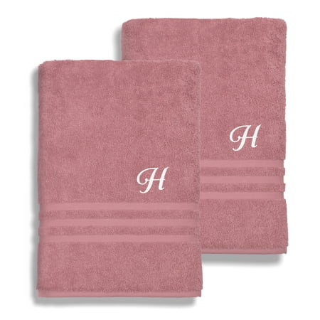 Authentic Hotel and Spa Omni Turkish Cotton Terry Set of 2 Tea Rose Bath Towels with White Script Monogrammed Initial H