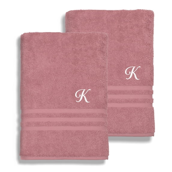 Authentic Hotel and Spa Omni Turkish Cotton Terry Set of 2 Tea Rose Bath Towels with White Script Monogrammed Initial K
