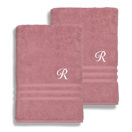 Authentic Hotel and Spa Omni Turkish Cotton Terry Set of 2 Tea Rose Bath Towels with White Script Monogrammed Initial R