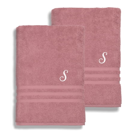 Authentic Hotel and Spa Omni Turkish Cotton Terry Set of 2 Tea Rose Bath Towels with White Script Monogrammed Initial S