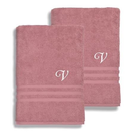 Authentic Hotel and Spa Omni Turkish Cotton Terry Set of 2 Tea Rose Bath Towels with White Script Monogrammed Initial V