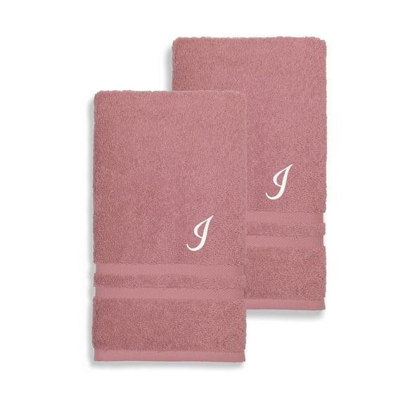 Authentic Hotel and Spa Omni Turkish Cotton Terry Set of 2 Tea Rose Hand Towels with White Script Monogrammed Initial Pink/I