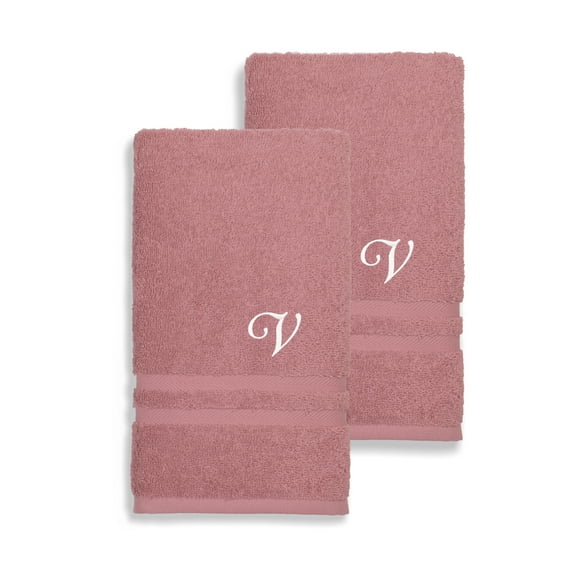 Authentic Hotel and Spa Omni Turkish Cotton Terry Set of 2 Tea Rose Hand Towels with White Script Monogrammed Initial Pink/V