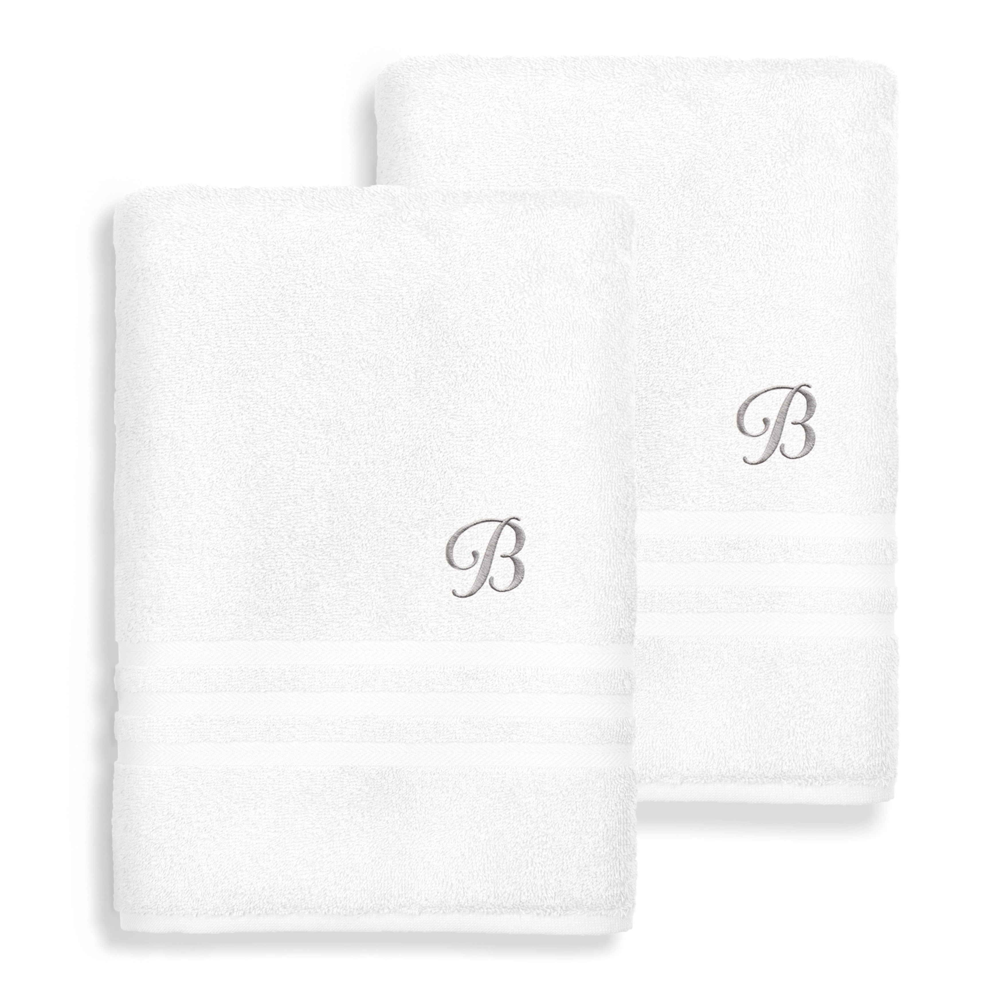 Authentic Hotel and Spa  Omni Turkish Cotton Terry Set of 2 White Bath Towels with Grey Script Monogrammed Initial White/B