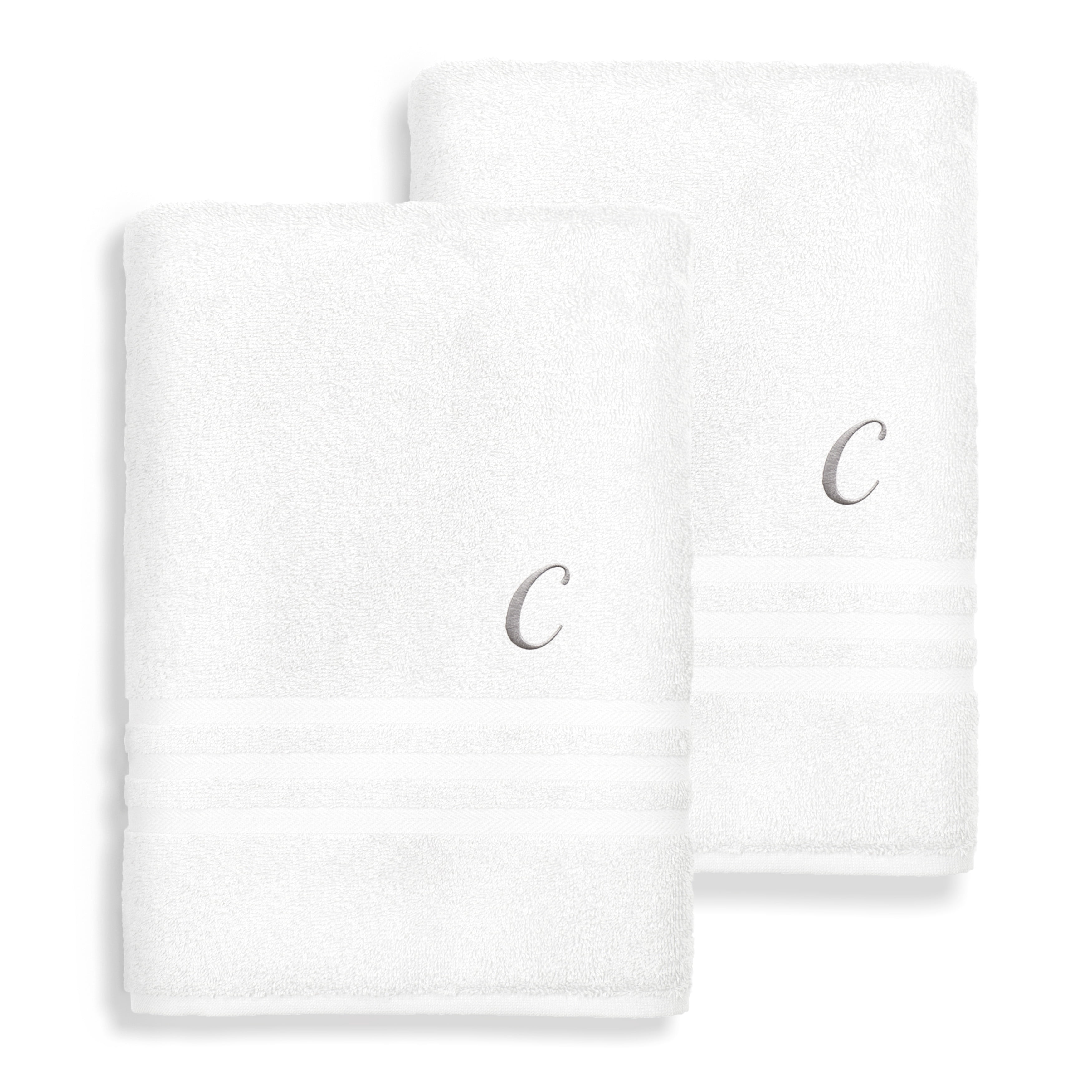 Authentic Hotel and Spa  Omni Turkish Cotton Terry Set of 2 White Bath Towels with Grey Script Monogrammed Initial White/C
