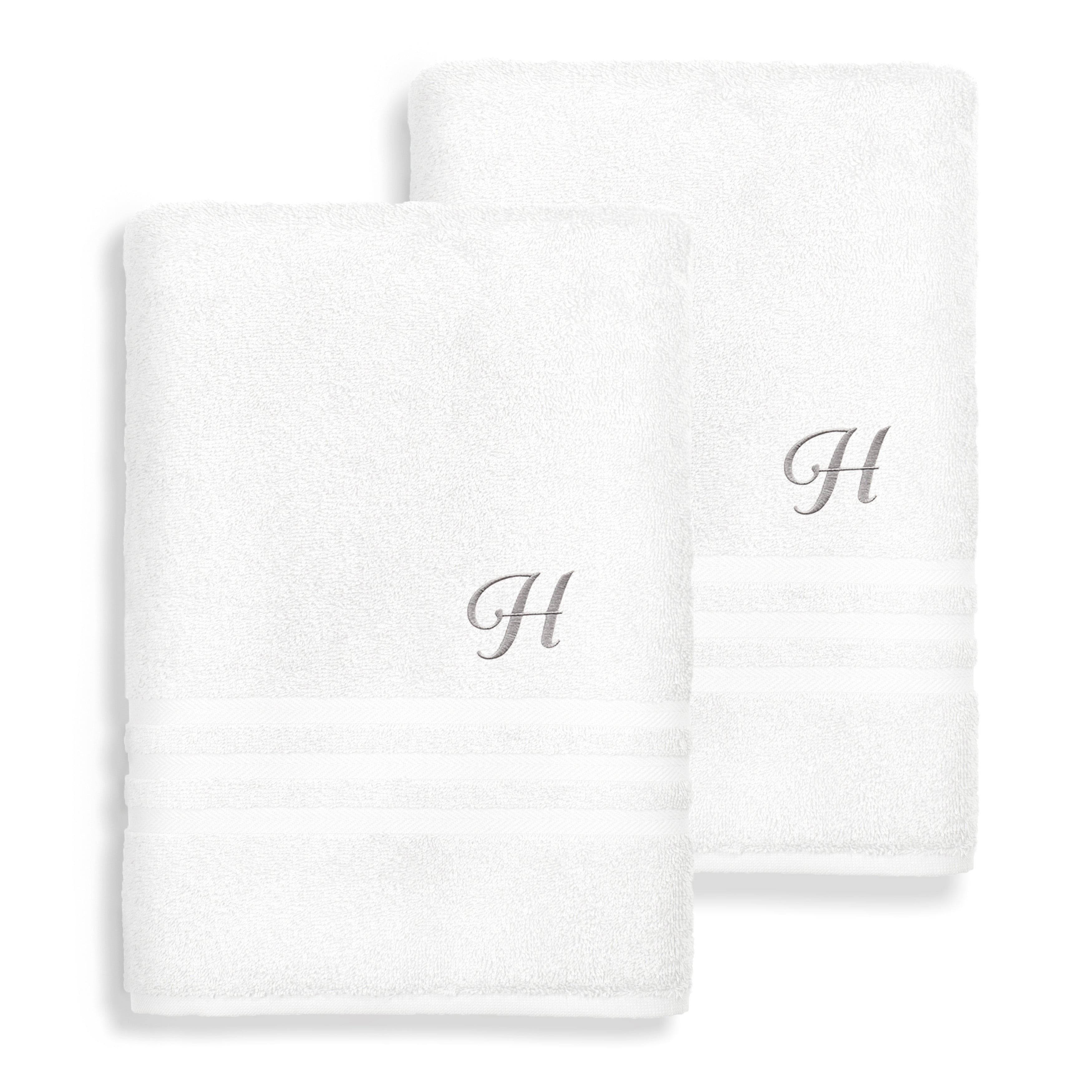Authentic Hotel and Spa  Omni Turkish Cotton Terry Set of 2 White Bath Towels with Grey Script Monogrammed Initial White/H