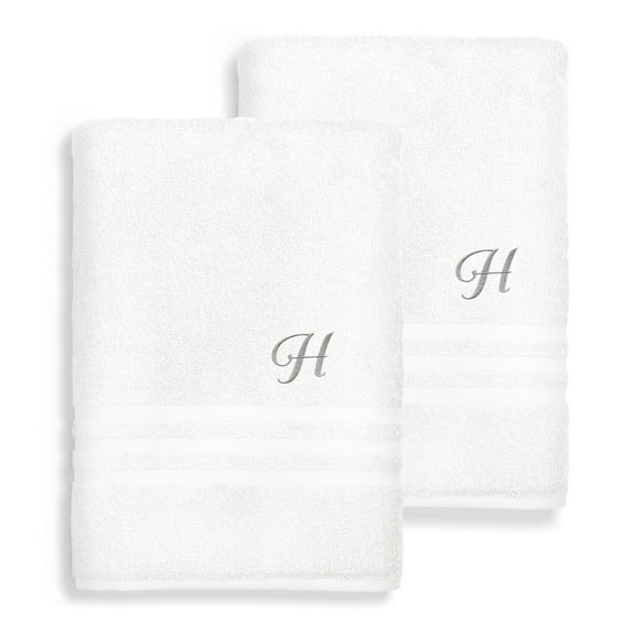 Authentic Hotel and Spa Omni Turkish Cotton Terry Set of 2 White Bath Towels with Grey Script Monogrammed Initial White/H