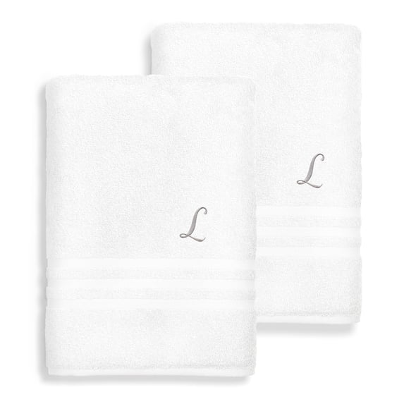 Authentic Hotel and Spa Omni Turkish Cotton Terry Set of 2 White Bath Towels with Grey Script Monogrammed Initial White/L