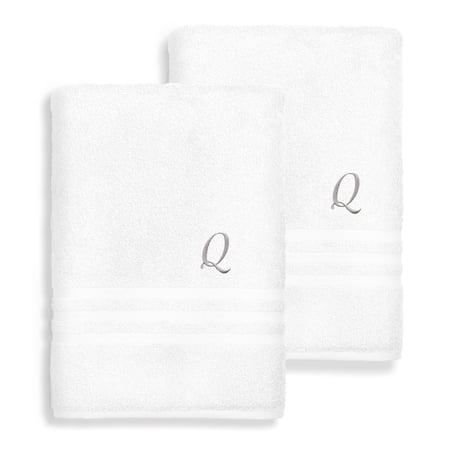 Authentic Hotel and Spa Omni Turkish Cotton Terry Set of 2 White Bath Towels with Grey Script Monogrammed Initial White/Q
