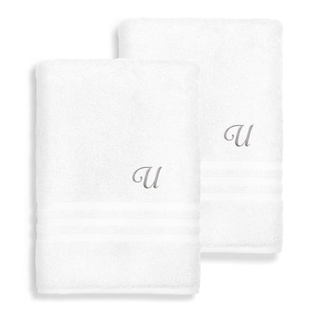 Authentic Hotel and Spa Omni Turkish Cotton Terry Set of 2 White Bath Towels with Grey Script Monogrammed Initial White/U
