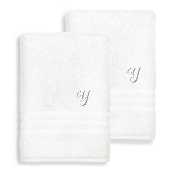 Authentic Hotel and Spa Omni Turkish Cotton Terry Set of 2 White Bath Towels with Grey Script Monogrammed Initial White/Y