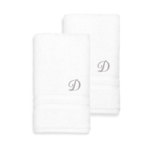Authentic Hotel and Spa Omni Turkish Cotton Terry Set of 2 White Hand Towels with Grey Script Monogrammed Initial White D