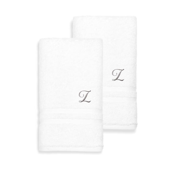 Authentic Hotel and Spa Omni Turkish Cotton Terry Set of 2 White Hand Towels with Grey Script Monogrammed Initial White Z