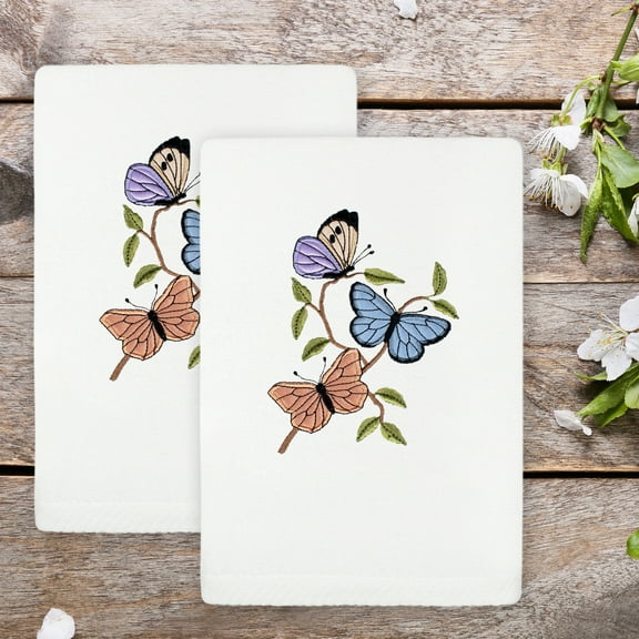 Authentic Hotel and Spa  Spring Butterflies Turkish Cotton Hand Towels (Set of 2) White